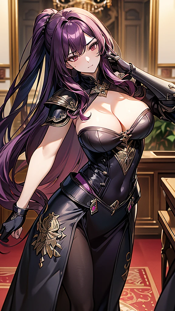 1 Private Wife，alone，long hair，Large Breasts，cleavage，Brown eyes，Sexy，purple hair，Mature female，widow，(masterpiece: 1.0，(the best_quality: 1.0)，silence，Black Armor，Fantasy World，Board hairstyle，Calm down，Inside the Palace，In a meeting