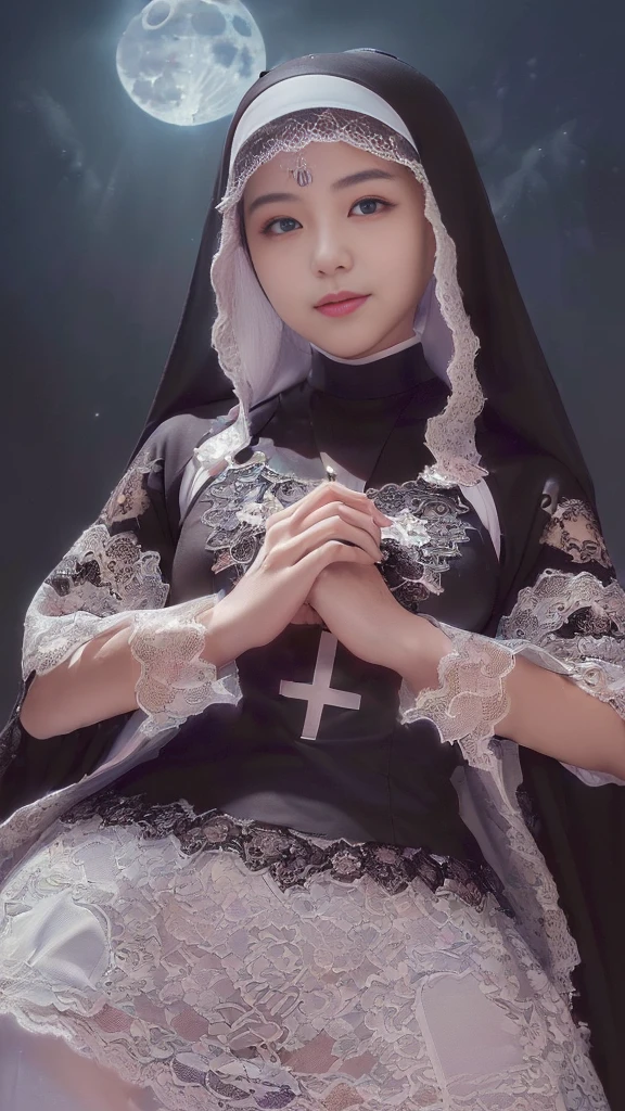 (masturbation:2.0),(A Ultra cute young Japanese nun:2.0),(she wearing a decorated with lace nun costume and scart slim fit:2.0),(beautiful detailed dropped eyes:2.0),beautiful detailed lips, (extremely detailed cute and beautiful face:2.0), longeyelashes, (slender woman body:1.5), (beautiful short hair:2.0), (natural makeup,big smile:1.5), incredibly beautiful skin,(professional lighting, bright lighting, photorealistic, 8k, high resolution, best quality, masterpiece, ultra-detailed:1.75), vivid colors, (Moonlit Night:1.5),(The moonlight shines on her face:1.2),(She is in the convent:1.2)