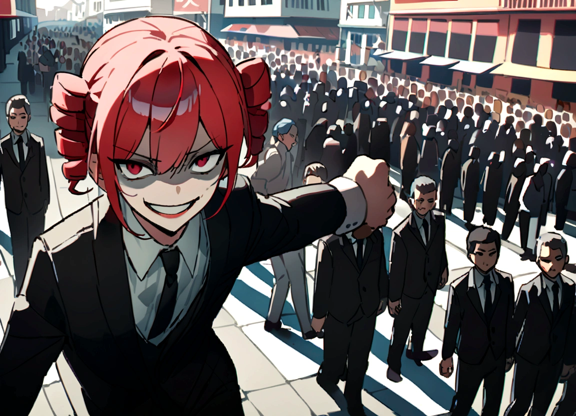 Red hair、Black suit、Black slacks、Wearing leather shoes、holding a silver metal baseball bat、Scary smile、In town、Daytime、a lot of people