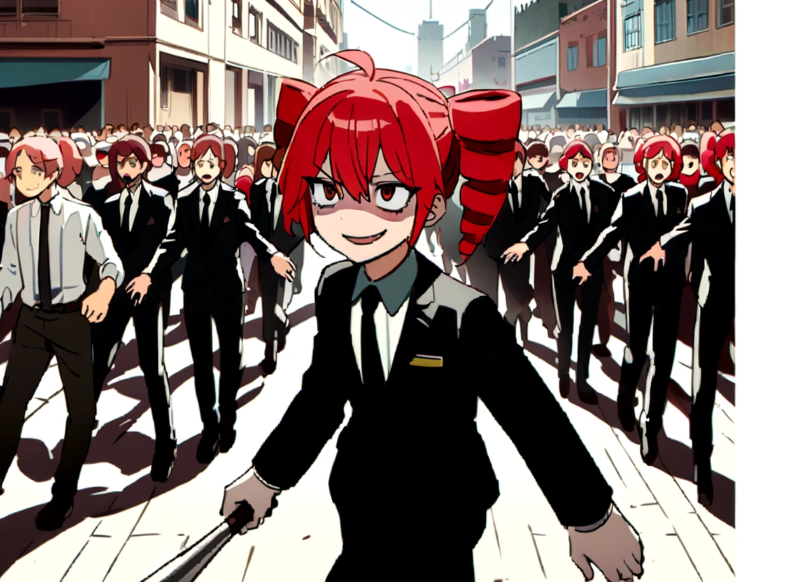 Red hair、Black suit、Black slacks、Wearing leather shoes、holding a silver metal baseball bat、Scary smile、In town、Daytime、a lot of people