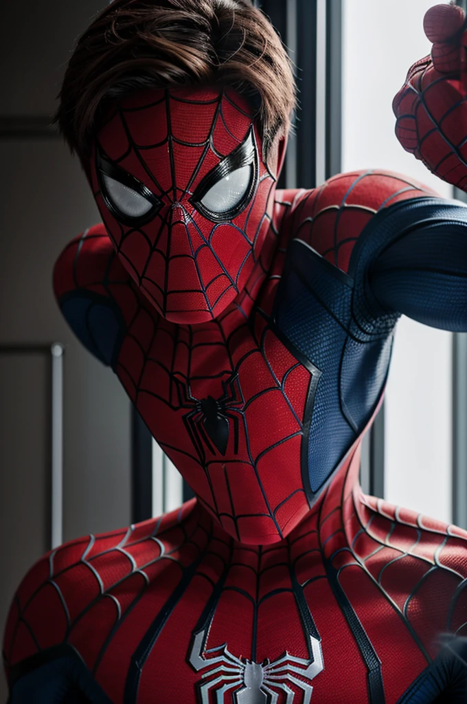 A photograph of spider man, no mask, 20 yo, handsome, detailed face, looking at camera, portrait, 8k uhd, high quality