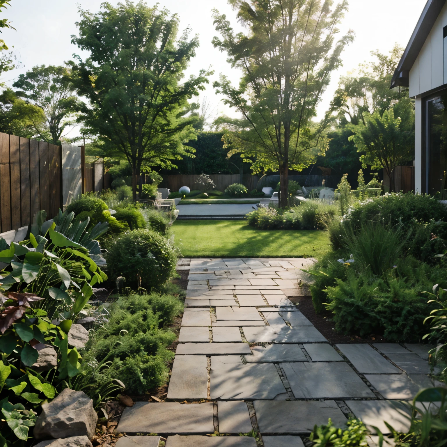  garden, trees, plants, paving, grass