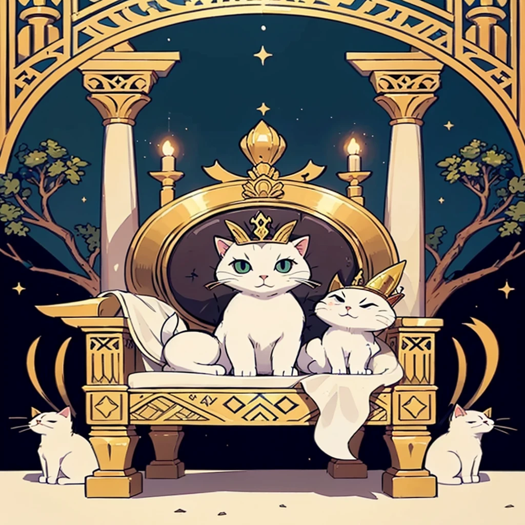 A cat sitting on an Egyptian throne, and the cat wearing an egyptian crown, let it be a white cat, only one cat