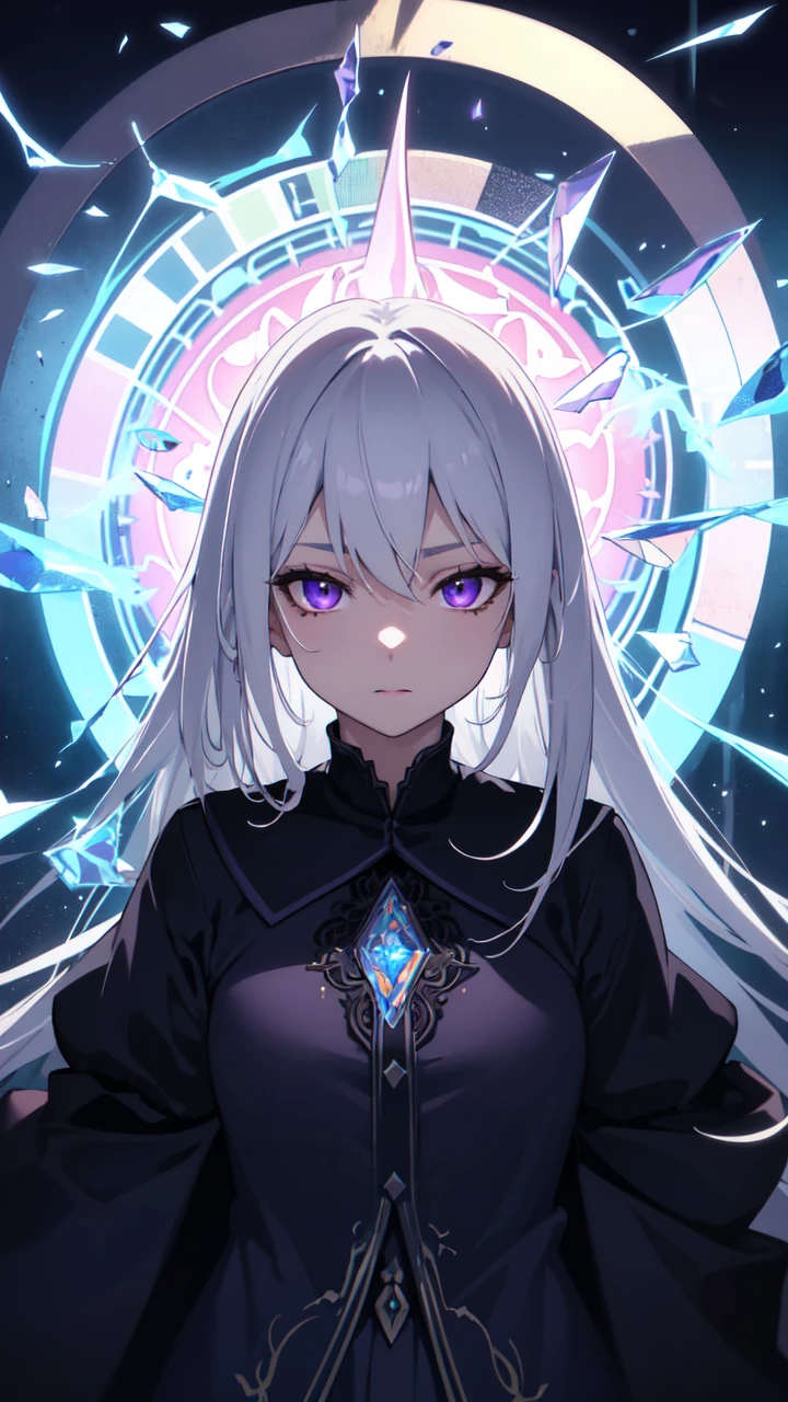 (masterpiece, best quality, ultra-detailed, best shadow), (detailed background,dark fantasy), (beautiful detailed face), high contrast, (best illumination, an extremely delicate and beautiful), ((cinematic light)), colorful, hyper detail, dramatic light, intricate details, (1girl, solo,white hair, sharp face,purple eyes, hair between eyes,dynamic angle), blood splatter, swirling black light around the character, depth of field,black light particles,(broken glass),magic circle,