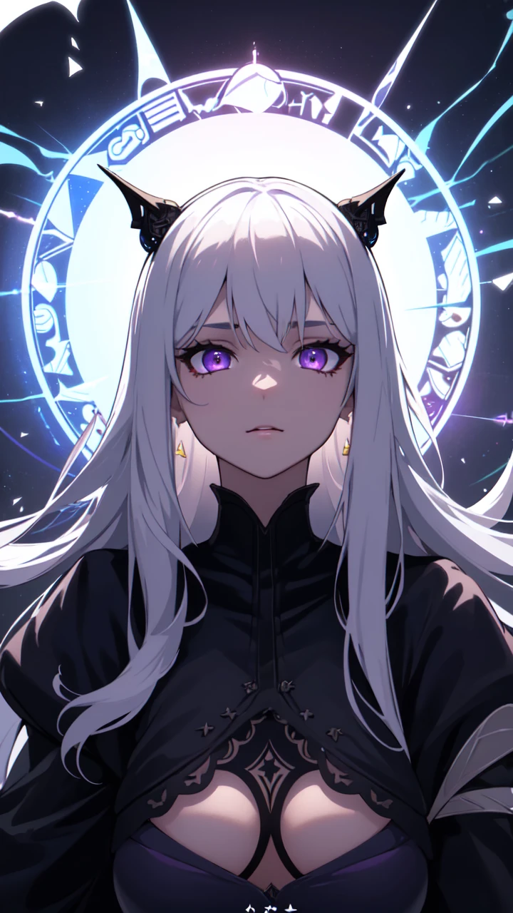 (masterpiece, best quality, ultra-detailed, best shadow), (detailed background,dark fantasy), (beautiful detailed face), high contrast, (best illumination, an extremely delicate and beautiful), ((cinematic light)), colorful, hyper detail, dramatic light, intricate details, (1girl, solo,white hair, sharp face,purple eyes, hair between eyes,dynamic angle), blood splatter, swirling black light around the character, depth of field,black light particles,(broken glass),magic circle,