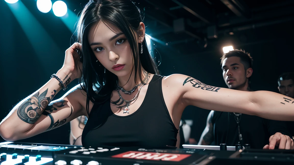 techno music, house music, dancing girls, DJ girl, realistic, high res, tank top, tattoos, piercing, brads, live music, class, Nightclub DJ, Dancing Inspired, Looking at Camera, Wide shooting, cinema lens, skin glowing,