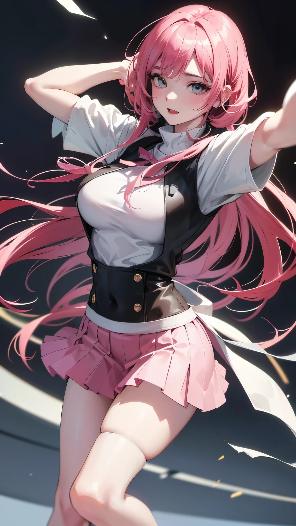 A woman wearing a pink sweater and a white pleated skirt, with black stockings on her legs, exposing her abdomen. She has a great figure, but her head is not visible. (best quality,4k,realistic),(best quality,4k,realistic)!!,[ 4K digital art ]!!  perfect figure with realistic shadows, extremely detailed art style, realistic anime, by Shitao, popular topic on cgstation, casual posture, realistic anime 3D style