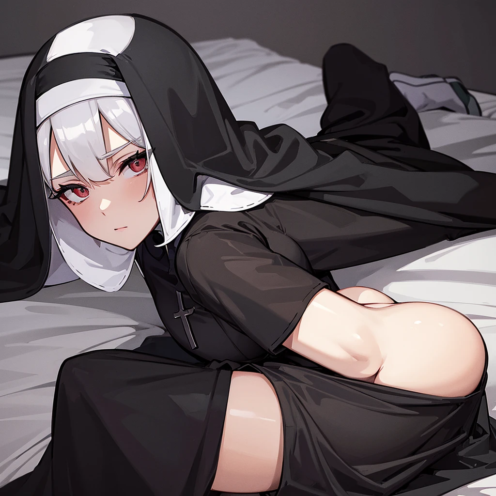  The Nun, black Nun clothes, huge waists, solo, on a bed