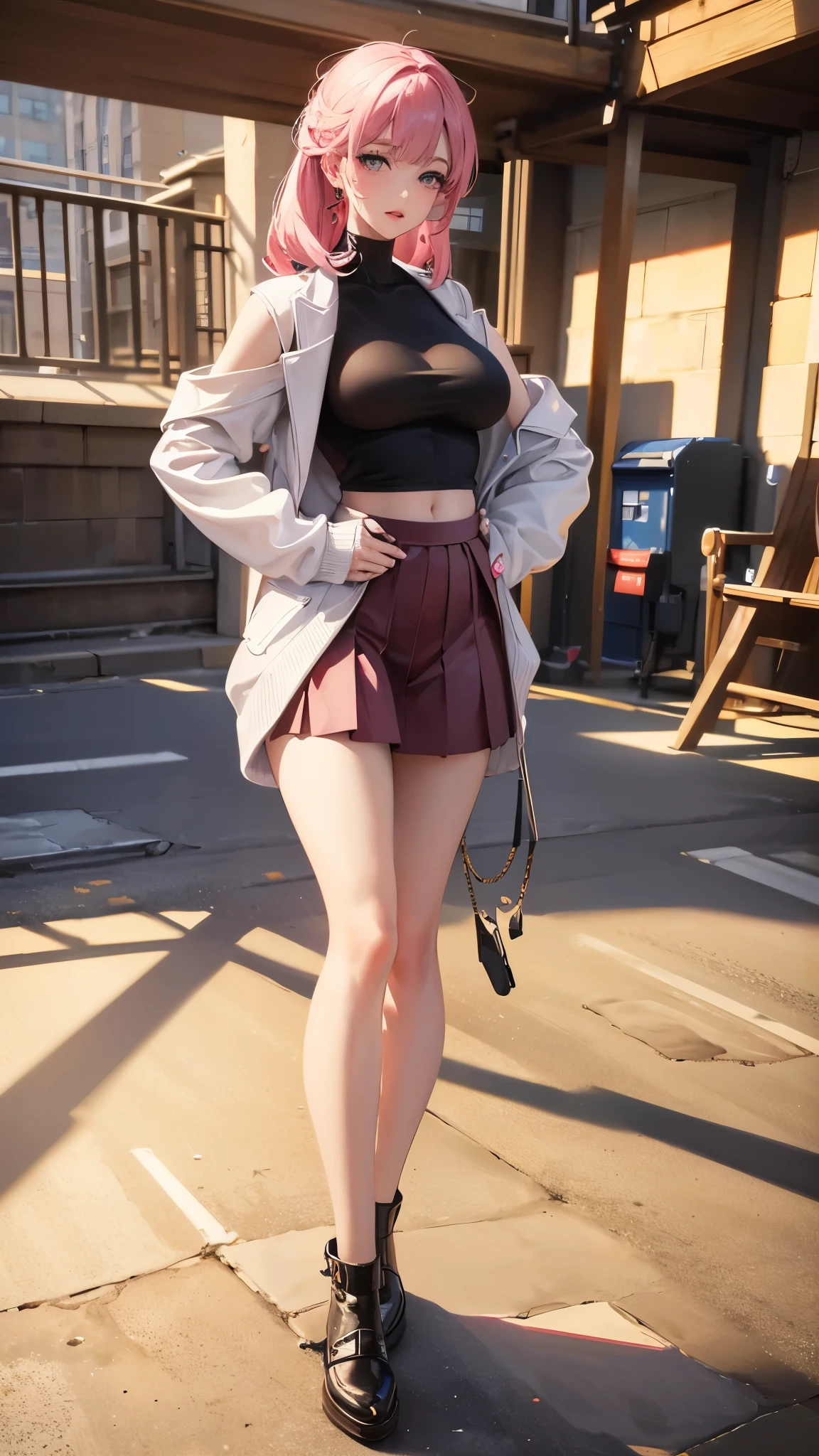 A woman wearing a pink sweater and a white pleated skirt, with black stockings on her legs, exposing her abdomen. She has a great figure, but her head is not visible. (best quality,4k,realistic),(best quality,4k,realistic)!!,[ 4K digital art ]!!  perfect figure with realistic shadows, extremely detailed art style, realistic anime, by Shitao, popular topic on cgstation, casual posture, realistic anime 3D style