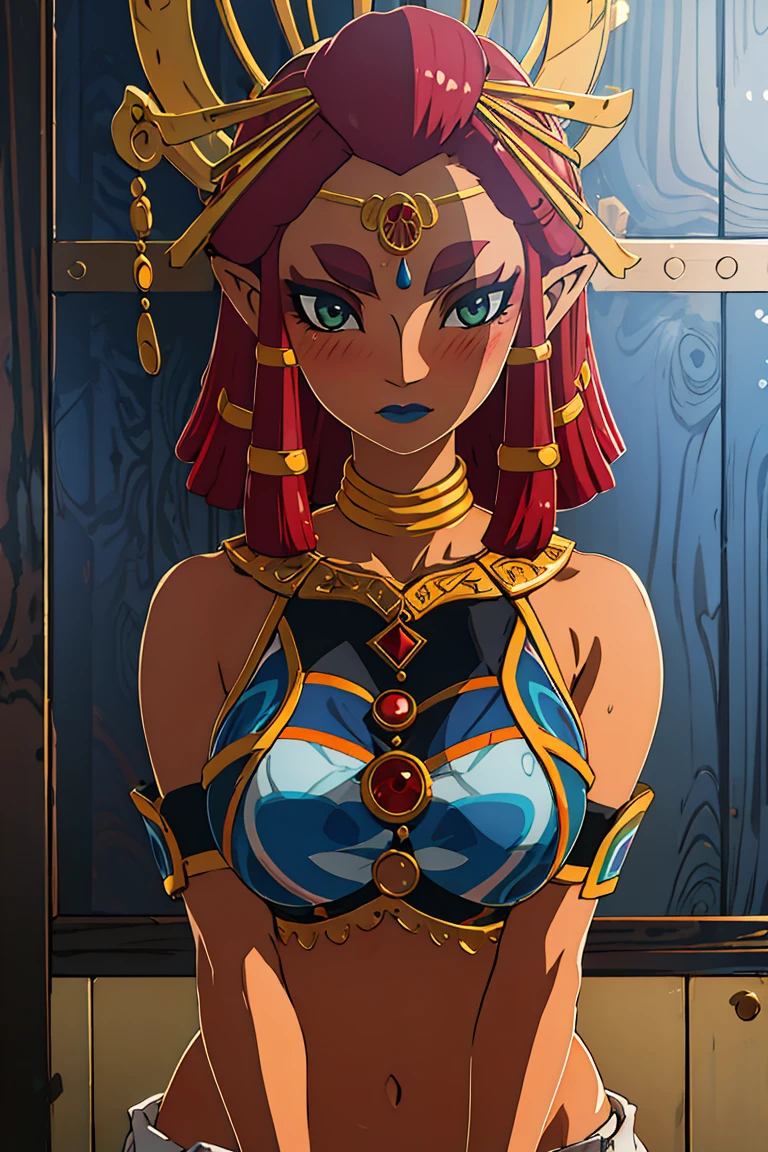 best quality, high resolution, large breasts, red hair, blush, embarrassed, cowboy shot, looking at viewer, Riju, blue lip,