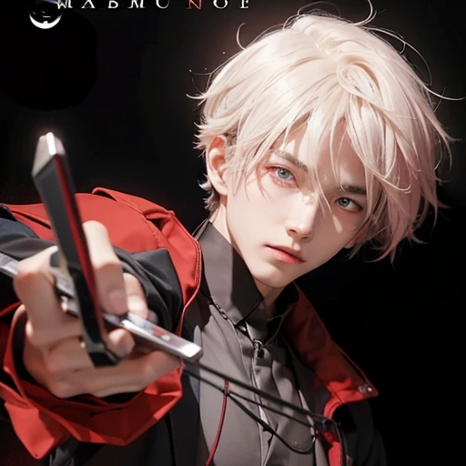 An anime adult boy with withe hair and red eye in a black suit and holding a knife in his hand