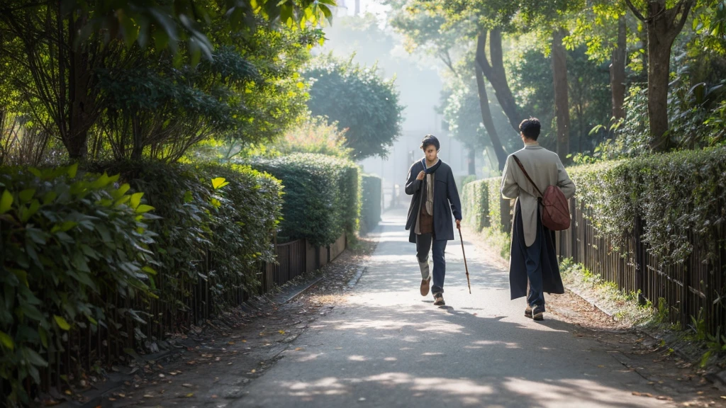 Young handsome wizard（Eric）Carrying a travel bag,holding wands,Walking on a path leading to the unknown。