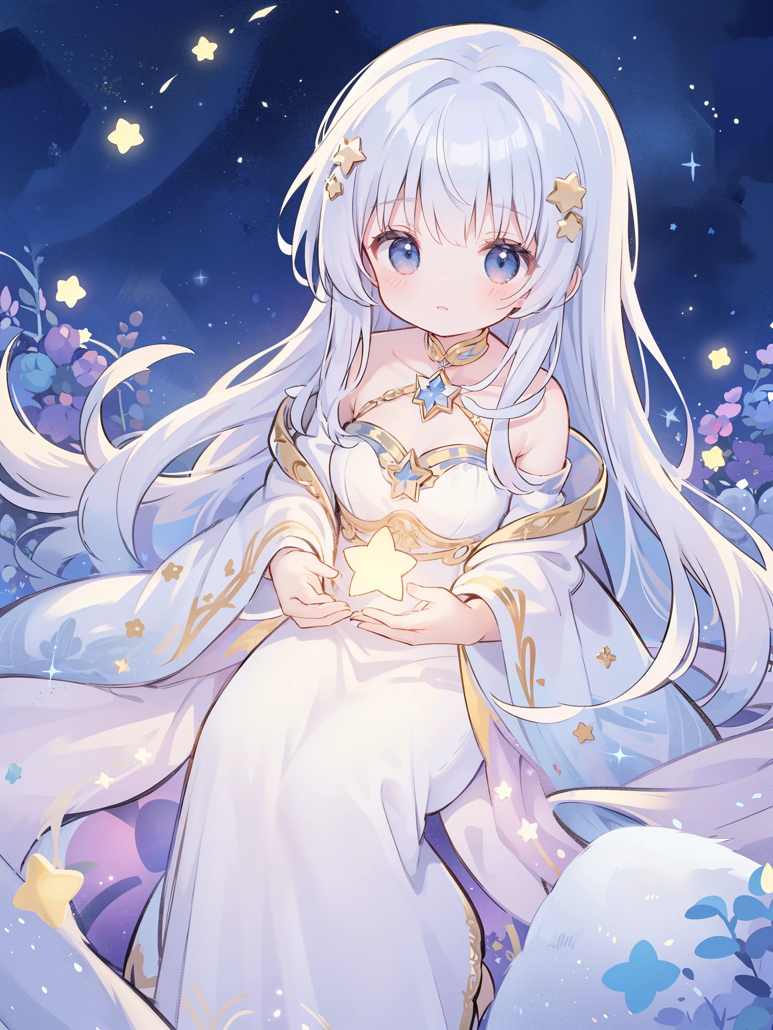 complex background, wishing star background, a woman wearing an ethereal magical dress that reflects the stars, dreamy, peaceful, serene composition, glowing stars, glowing, mystic, complex drawing, highly detailed, ethereal, starry night, midjourney style