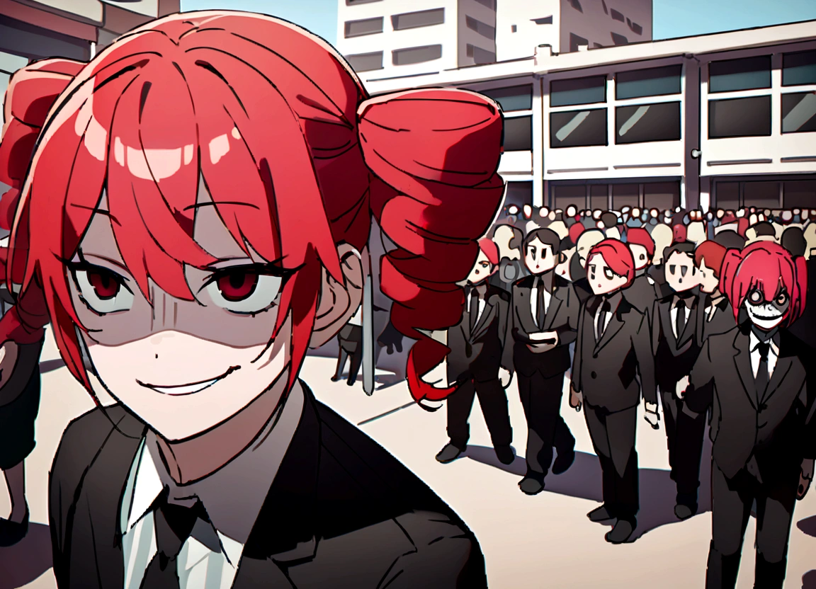 Red hair、Black suit、Black slacks、Wearing leather shoes、holding a silver metal baseball bat、Scary smile、In town、Daytime、a lot of people