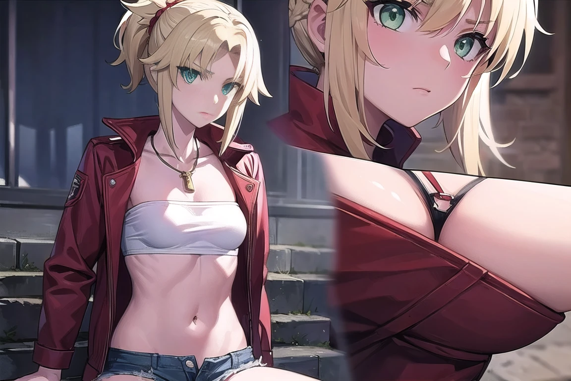 fgomordred, modred, (green eyes:1.5), blonde hair, ponytail, short hair, scrunchie, red scrunchie, hair scrunchie, (small breast:1.2), NSFW, erotic, porn, sex, dripping pussy, wet pussy
BREAK blonde hair, denim, denim shorts, jacket, jewelry, midriff, navel, necklace, red jacket, torn short shorts, torn shorts, torn tube top, white top,
BREAK looking at viewer,
BREAK outdoors,
BREAK (masterpiece:1.2), best quality, high resolution, unity 8k wallpaper, (illustration:0.8), (beautiful detailed eyes:1.6), extremely detailed face, perfect lighting, extremely detailed CG, (perfect hands, perfect anatomy),