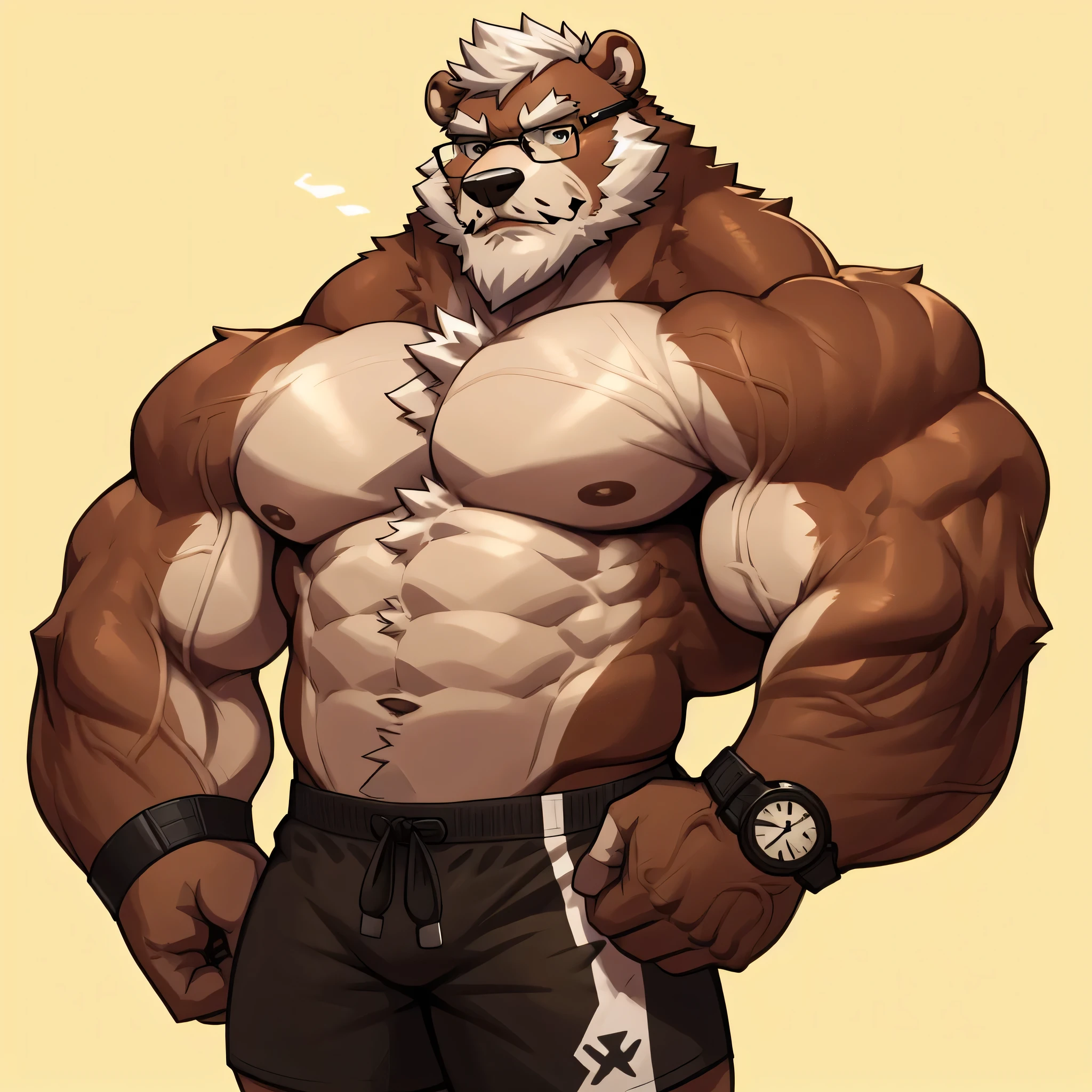 solo, 1boy, Huge Muscular Old Grizzly Bear wearing glasses , pectoral, huge pectoral, wide pectoral, short white hair, short pants, black wristbands, watch and  and , bearded, Mustache, simple background, masterpiece, high detailed, 8k, high resolution, at the gym, double biceps arms flex, veins popping