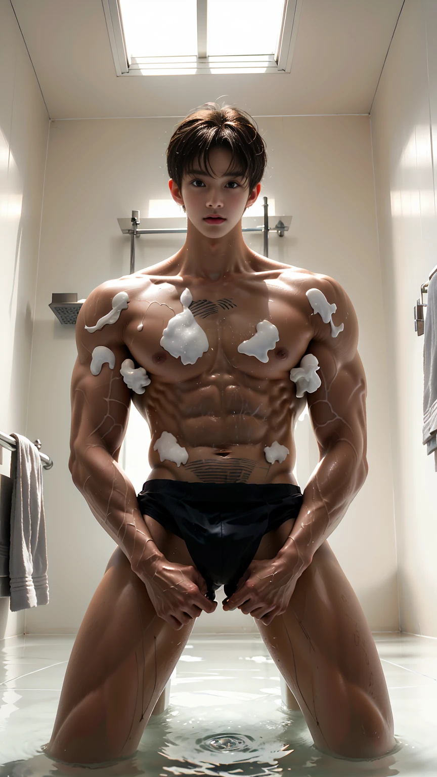 masterpiece,best quality, (A -yeld taboy:1.2), (Kneeling in the bathroom taking a bath:1.2),（White swimming briefs）, whole body,Extremely strong body，Attractive and fit body，Inverted triangle figure，Broad shoulder muscles，Biceps，Highlight muscle texture，Front view， Muscular body，Handsome and cute face，Perfectly detailed facial features,Shining with God's eyes，leaning back, Shower head，Water Splash,head tilt, happy, very short hair, brown hair,(looking at viewer:1.2)，Vision