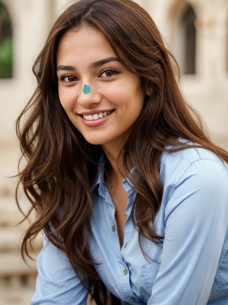 a photo-realistic portrait of a beautiful Palestinian woman with long brown hair, blue shirt, white teeth, and a cute smile, with highly detailed and realistic facial features, modest expression, and realistic white skin tone