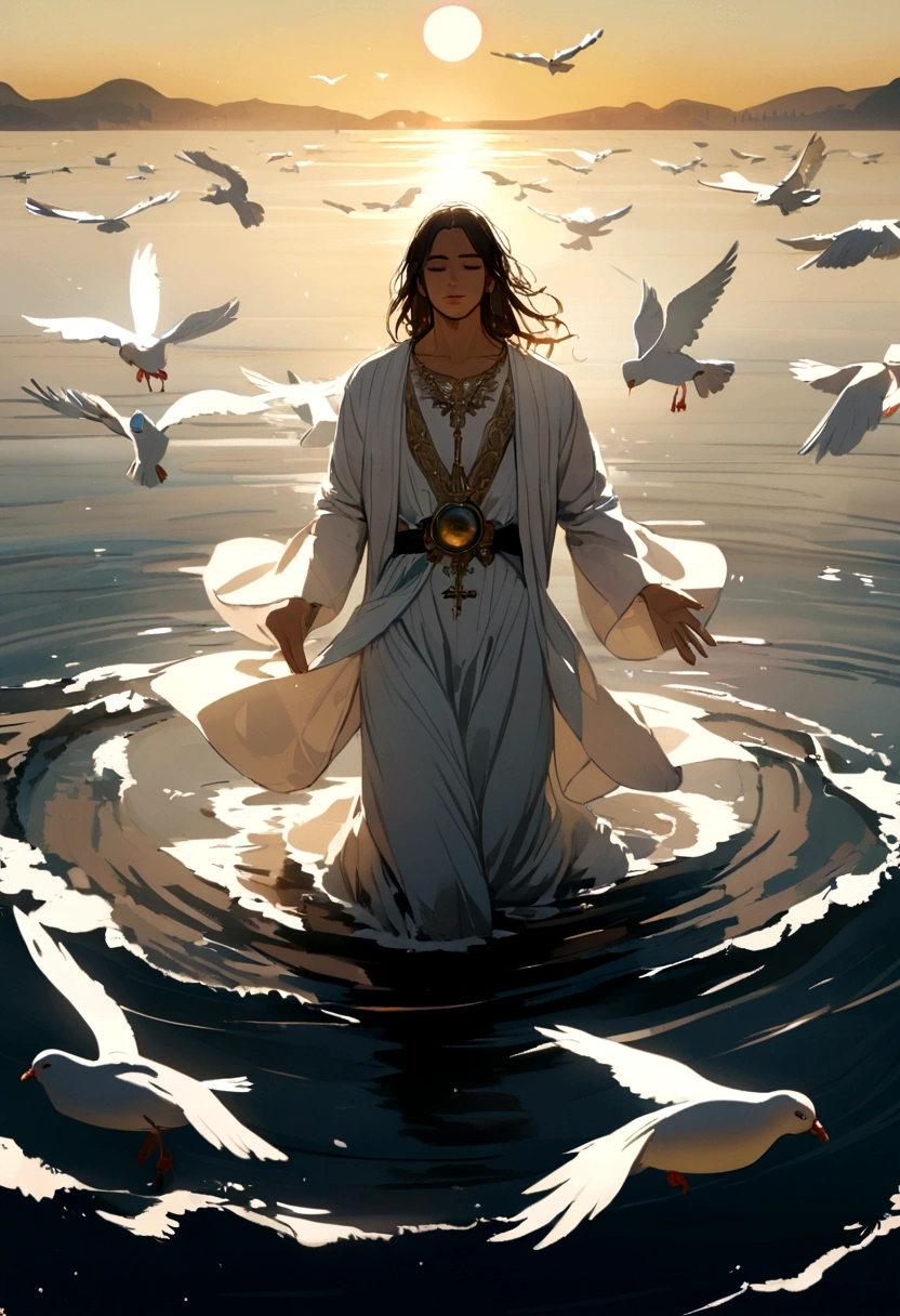 Jesus in the water with doves and sun above him