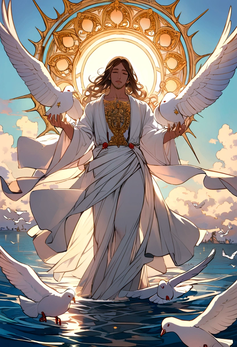 Jesus in the water with doves and sun above him