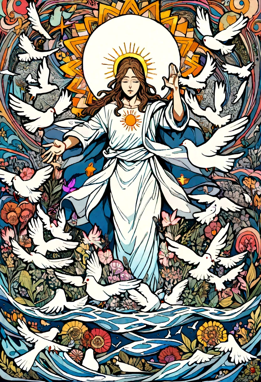 Jesus in the water with doves and sun above him