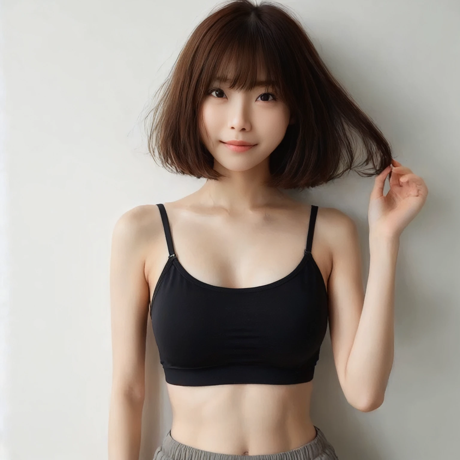 japanese girl, sitting with cross-legged on the sofa in a bright room, (wearing a black sports bra and matching shorts:2),(photoshoot style, shooting from front, upper knee statue, body facing forward), 26 years old, (toned body type:1.2, tall height 5.35 feet), (small breast :1.2, hemispherical udder silhouette:1.2), little smiling, perorbital swelling, brown fluffy and wavy short-cut hair, natural bangs, detailed brown eyes, detailed finger, suppin, no make, (photorealsitic:1.4), (high-resolution details of human skin texture:1.2, rough skin:1.2, Uneven skin tone:1.6, skin texture must be natural:1.1), top-quality, ​masterpiece, high resolution, raw photo, natural soft light, professional lighting