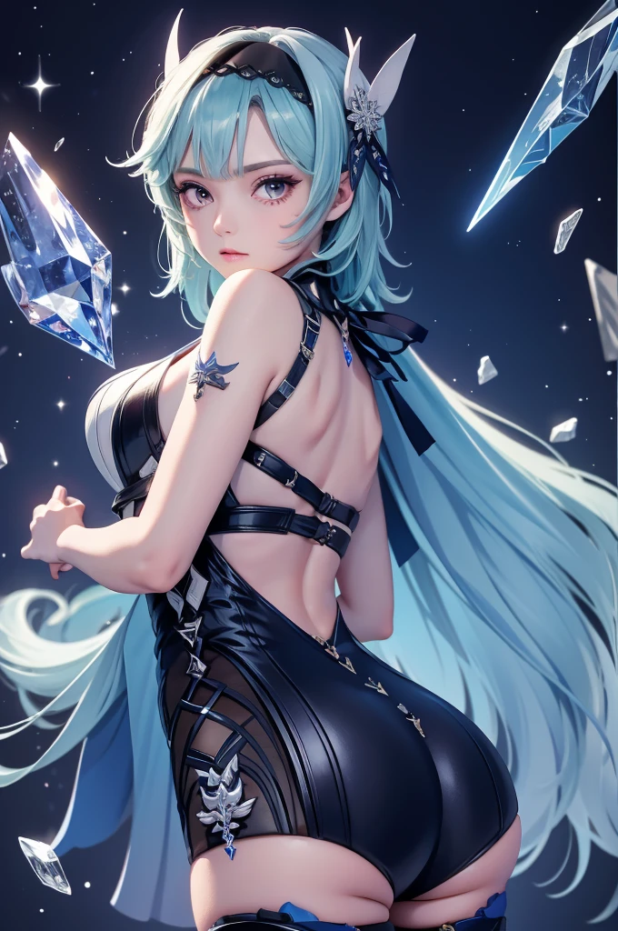 ((euladef)):1.5,((masterpiece,Highest quality,Highly detailed images,Beautiful images))1.4(Image of Eula leaning back with her arms raised、Huge crystal in the background、Overall dim lighting、Backlight、A fantastic atmosphere、Thick Fog、Dust flutters)1.3,(Close-up image of eula)1.1、(Her back is arched, Accentuate your breasts.、Turn your body to the viewer):1.2（Beautiful cleavage、Exposing cleavage）
