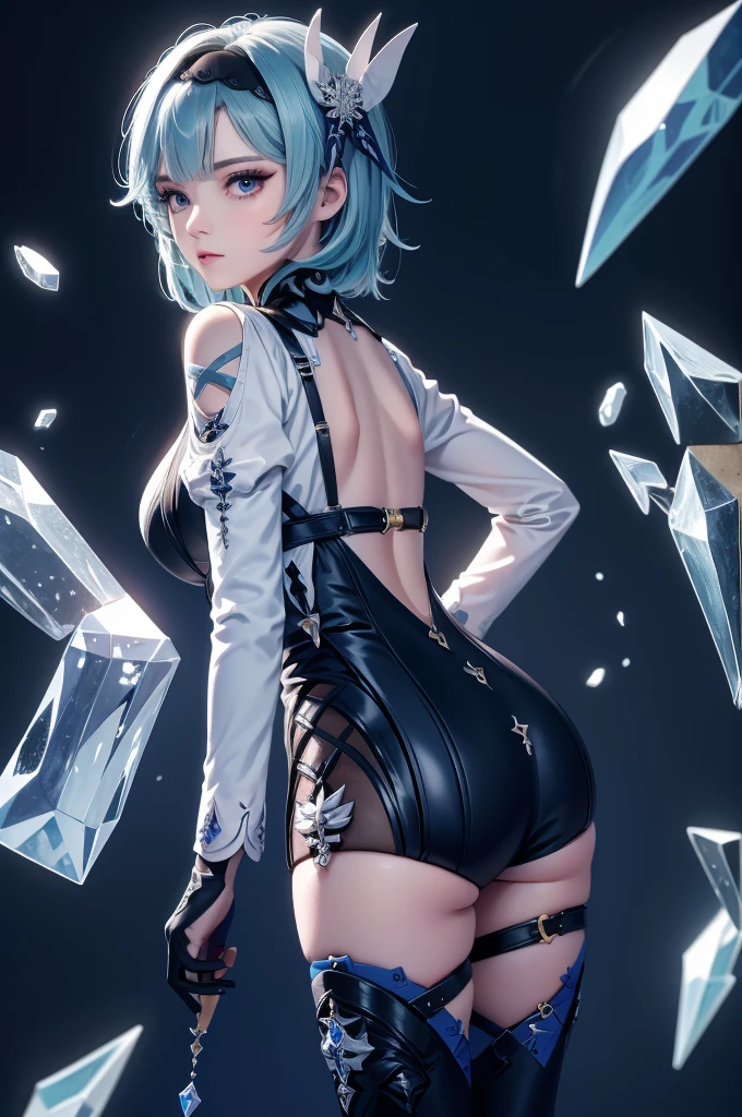 ((euladef)):1.5,((masterpiece,Highest quality,Highly detailed images,Beautiful images))1.4(Image of Eula leaning back with her arms raised、Huge crystal in the background、Overall dim lighting、Backlight、A fantastic atmosphere、Thick Fog、Dust flutters)1.3,(Close-up image of eula)1.1、(Her back is arched, Accentuate your breasts.、Turn your body to the viewer):1.2(Beautiful cleavage、Exposing cleavage)