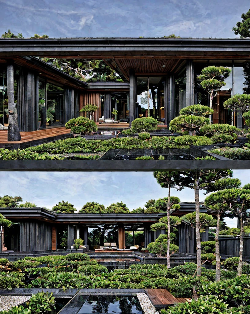 a black tiled roof house, a wooden ceiling, luxury style, a large deck, a bonsai tree, realistic, professional, vivid colors, soft lighting, detailed trees, a colorful garden, a gentle breeze, vibrant hues
