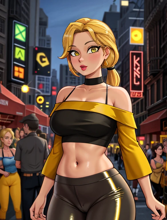 (best quality:1.3), (4K quality),masterpiece, best quality, high res, detailed, (Detailed face:1.2), (Detailed eyes:1.2), (Hourglass figure:1.2), 1girl, solo, 36-years-old, tan olive skin, short blonde hair, pony tail style, emerald eyes,  eyeshadow, mascara, red lipstick, ((Wearing a yellow off-shoulder top, shiny black leggings)), standing outside on New York streets, crowds of people on the surroundings, busy atmosphere, cinematic lighting, detailed background,
