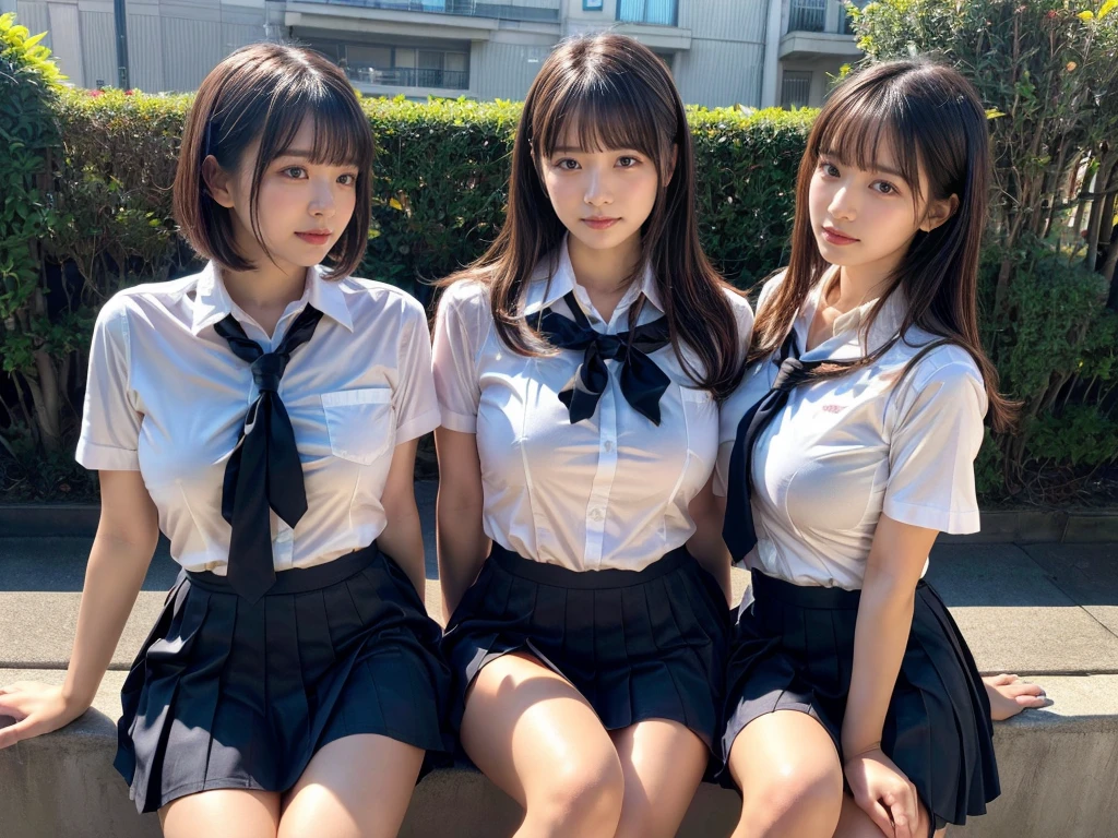 (RAW photo, 4k, masterpiece, high resolution, extremely complex) (realistic: 1.4), cinematic lighting
 ((2 girls, 2 schoolgirls)),Slam Dunk's,blushing,((innocent)),bright eyes,round eyes,blunt bangs,(short bob hair:1.3),black hair,large breasts,wide hips,Summer Noon, ,Hot, (Best Quality), (Highres), (an Extremely Delicate and Beautiful),(Beautiful 8k face),(Brown eyes),( spectators),(gigantic breasts),(Play with each other,Touching each other's bodies,Touching the body),(Japanese high school uniform:1.3),blue skirt,(reality),bright lighting,(The background is a luxury hotel room)