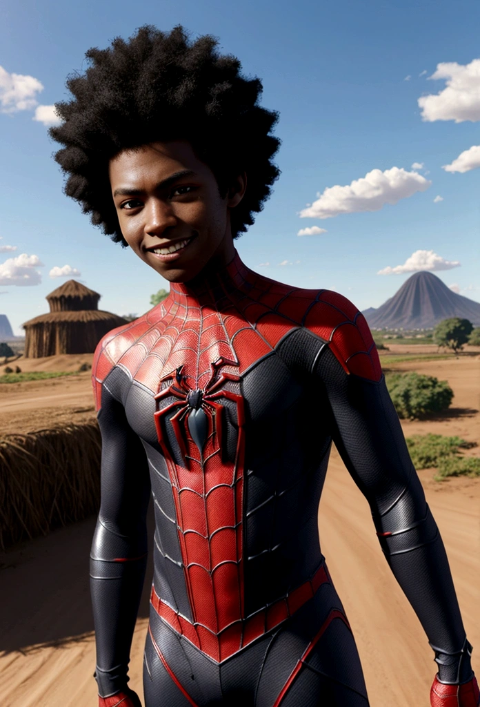 young 25 years old Miles Morales , standing alone, black boy, might, pretentious smile,, gazing at viewer, black afro hair, greeneyes, Miles Morales Spider-Man Costume , pampas scenery Rio Grande do Sul, blue sky, playing video game