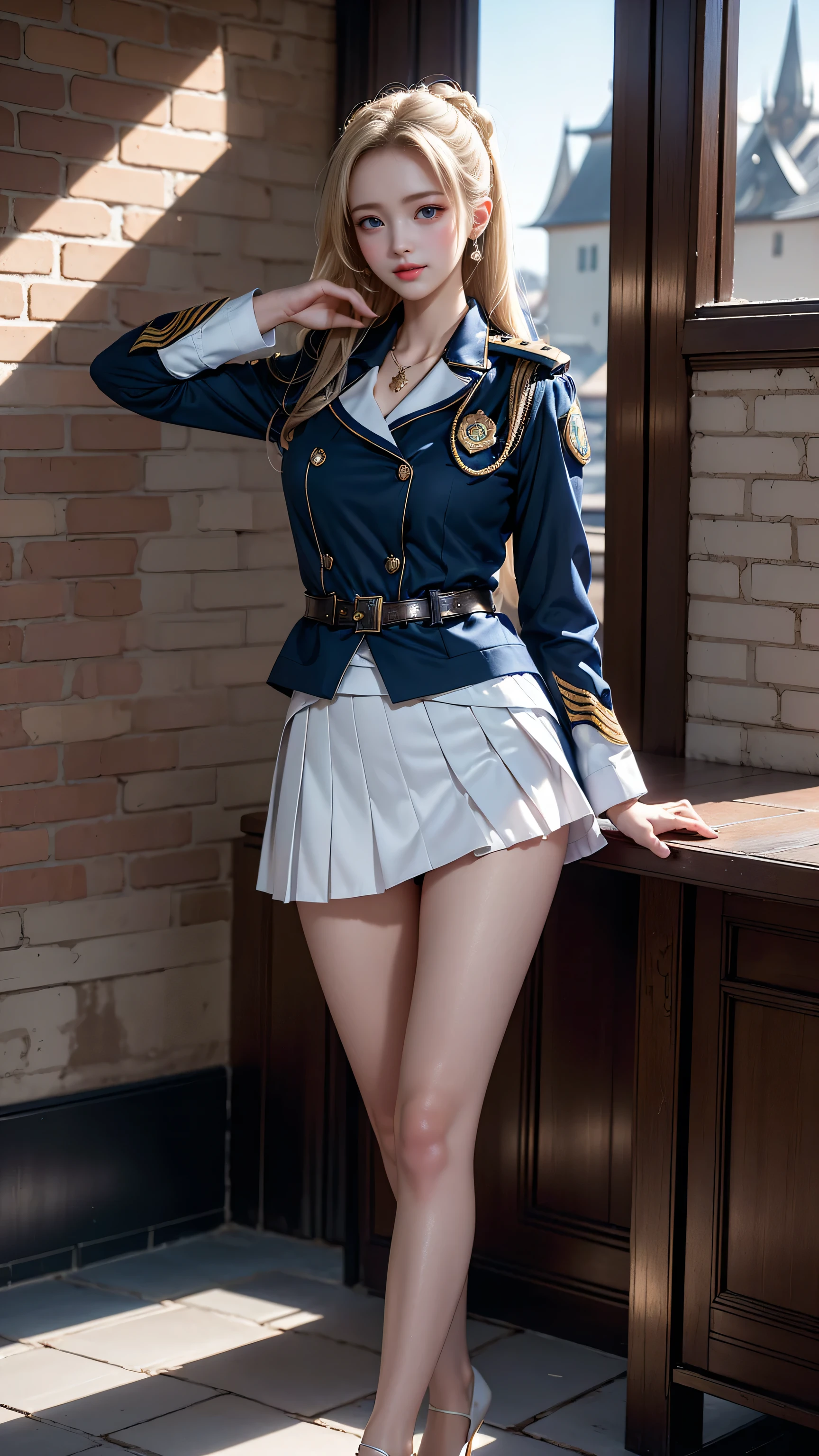 ((A policewoman standing in front of a brick wall))、（Salute）,Highest quality work,Live-action work,Ultra Premium Graphics,8K HD CG Works,High Quality Graphics,High-definition CG works,10x pixels,Ultra-fine detail：1.1,High level of technical detail：1.1 Photorealistic,Natural light：1.5. Lighting Effects（Virtual Lighting Effects：1． 8）、（Golden White Shorthair）、（Bob Hair）、Thin eyebrows、High nose、Nice red lips、Rose Cheek、Casual makeup face、Cute Face、Perfectly balanced face、Light-toned foundation。 A foundation that enhances the transparency of your skin。 ((female officer:1.5)),((Navy blue jacket with emblem on chest)),((Semi-transparent light blue blouse)),((Navy blue tight skirt))。40k, photograph, On the table, Highest quality, Rain Background, ((1.A girl with beautiful eyes and light hair, White skin, Mr.A Pose.((Medium chest::1.1)), Highest quality, On the table, Ultra-high resolution, (Real::1.4), RAWphotograph, (Perfect figure), (slim::1. 3), Slim abdomen, Perfect slim figure, Dynamic Pose, one person, Cold light 12000K, Fine face and skin texture, Fine grain, Realistic eyes, Beautiful fine grain, (real skin), charm, Ultra-high resolution, surreal, Very fine,Long legs、High heels、（Smile）、（I see white panties、