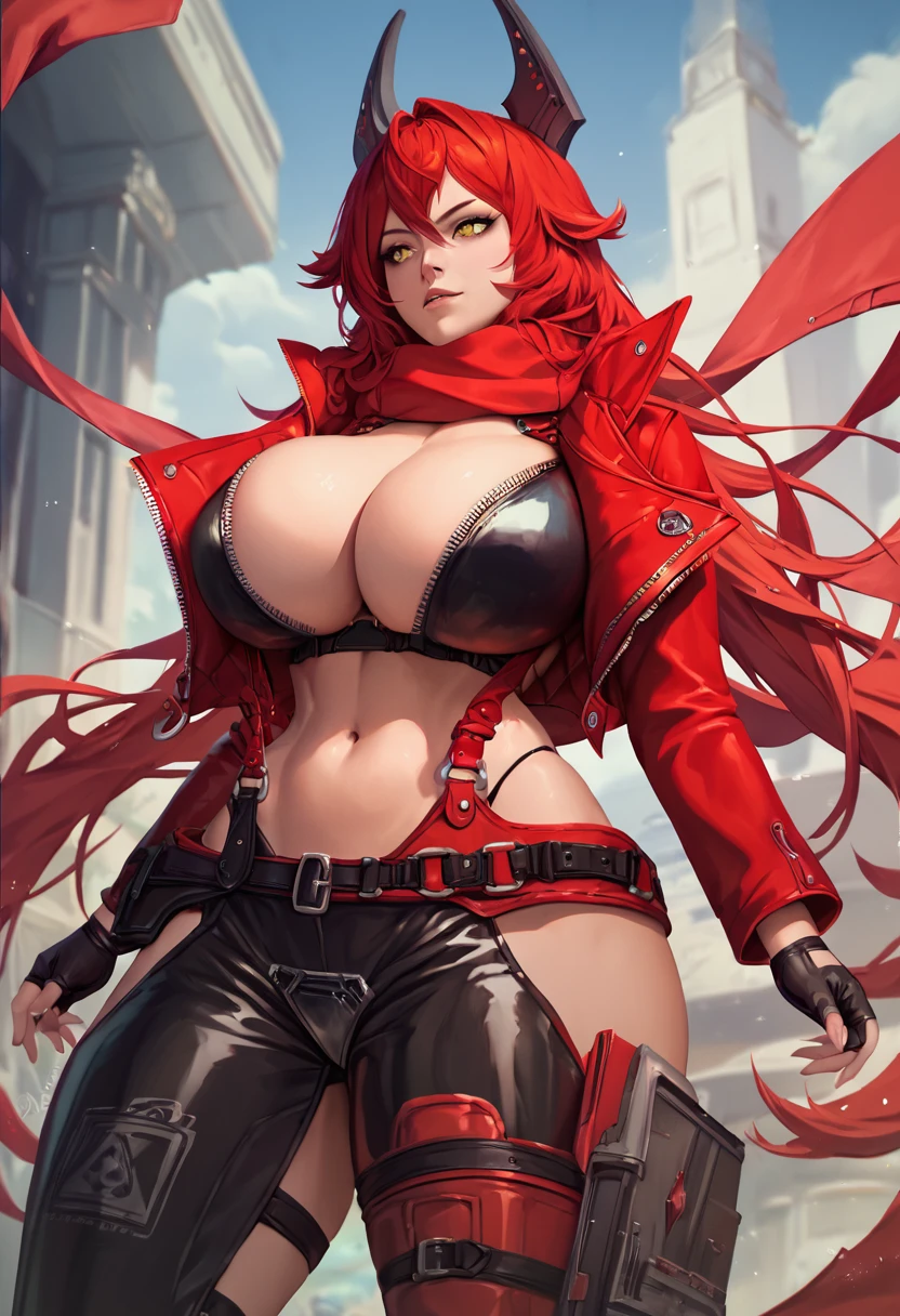 score_9, score_8_up, score_7_up, 1girl, solo, masterpiece, best quality, detailed, nikkeredhood, red hair, long hair, headgear, yellow eyes, red scarf, crop jacket, red jacket, black shrug \(clothing\), navel, midriff, zipper, cleavage, huge breasts, suspenders, fingerless gloves, belt, black pants, asymmetrical legwear, hip vent, narrow waist, wide hips, huge ass