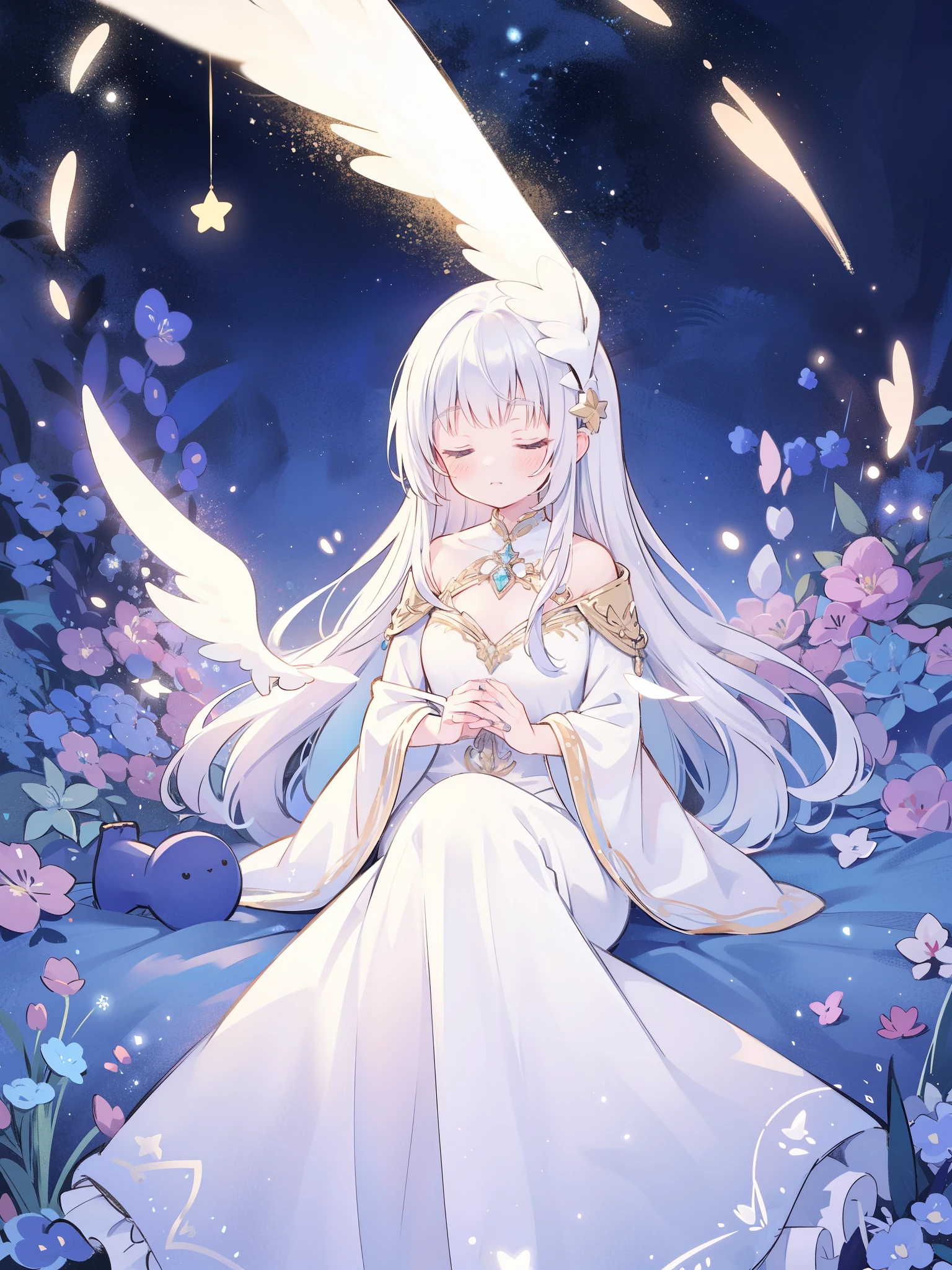 complex background, wishing star background, a woman wearing an ethereal magical dress that reflects the stars, dreamy, peaceful, serene composition, glowing stars, glowing, mystic, complex drawing, highly detailed, ethereal, starry night, midjourney style