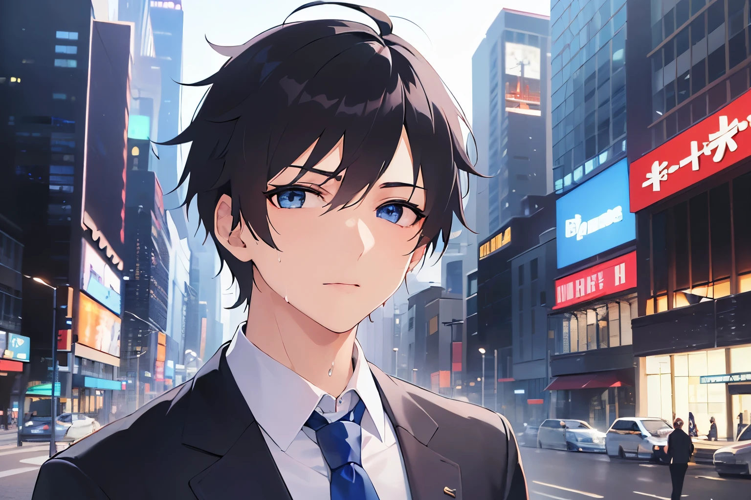 Detailed CG,Ultra-fine illustrations,masterpiece,Highest quality,Shiny skin,BREAK(26-year-old male:1.5)BREAK,(Black Short Hair)and(blue eyes),(suit:1.5)and(white collared shirt)and(Blue tie),(surprised:1.3),(sweat:1.3)The background is a night city,looking at viewer,alone