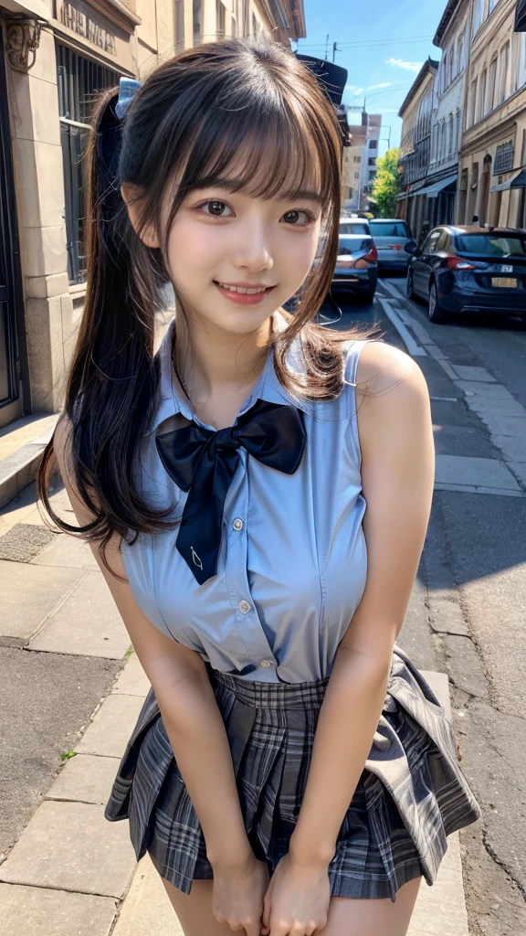 (masterpiece:1.3, top-quality, ultra high res, ultra detailed), (realistic, photorealistic:1.4), beautiful illustration, perfect lighting, natural lighting, colorful, depth of fields, ,
beautiful detailed hair, beautiful detailed face, beautiful detailed eyes, beautiful clavicle, beautiful body, plump breasts, Don't expose it, beautiful chest, beautiful thigh, beautiful legs, beautiful fingers, shiny skin,
looking at viewer, 1 girl, high school girl, (perfect anatomy, anatomically correct, super detailed skin), cute and symmetrical face, babyface, perfect face, perfect eyes, ,
(middle hair, ponytail, sideburns, silver hair), crossed bangs, blue eyes, slant eyes, big eyes, long eye lasher, (medium breasts, seductive thighs), slender, skin dendation,
detailed cloth texture, light blue collared shirt, blue bow tie, grey plaid pleated skirt:1.2, black hair chouchou,
(beautiful scenery), summer, evening, (downtown, creperie shop), walking, (eatting crepe), (happy smile, upper eyes, open mouth small),