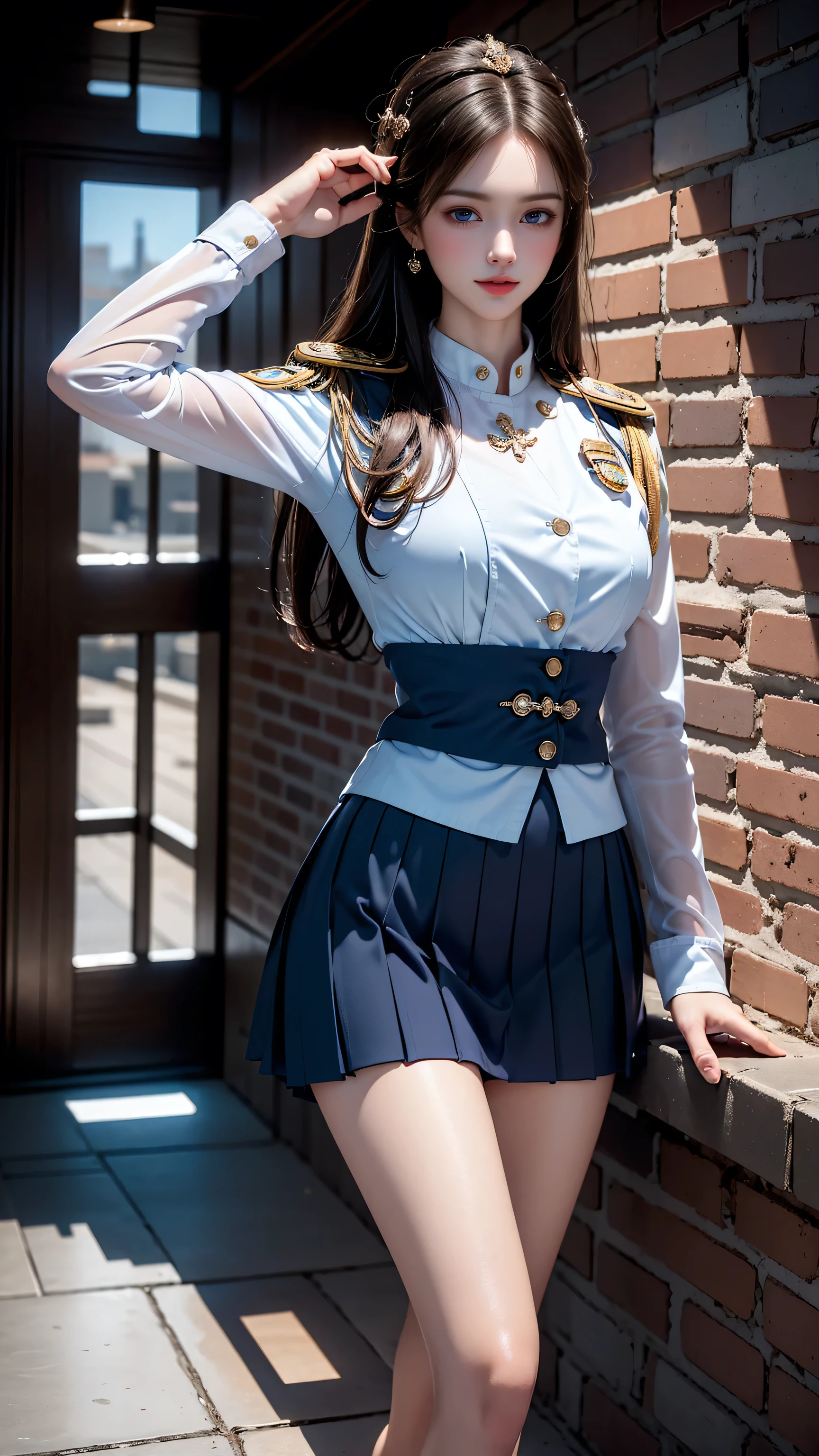 ((A policewoman standing in front of a brick wall))、(Salute),Highest quality work,Live-action work,Ultra Premium Graphics,8K HD CG Works,High Quality Graphics,High-definition CG works,10x pixels,Ultra-fine detail:1.1,High level of technical detail:1.1 Photorealistic,Natural light:1.5. Lighting Effects(Virtual Lighting Effects:1. 8)、(Golden White Shorthair)、(Bob Hair)、Thin eyebrows、High nose、Nice red lips、Rose Cheek、Casual makeup face、Cute Face、Perfectly balanced face、Light-toned foundation。 A foundation that enhances the transparency of your skin。 ((female officer:1.5)),((Navy blue jacket with emblem on chest)),((Semi-transparent light blue blouse)),((Navy blue tight skirt))。40k, photograph, On the table, Highest quality, Rain Background, ((1.A girl with beautiful eyes and light hair, White skin, Mr.A Pose.((Medium chest::1.1)), Highest quality, On the table, Ultra-high resolution, (Real::1.4), RAWphotograph, (Perfect figure), (slim::1. 3), Slim abdomen, Perfect slim figure, Dynamic Pose, one person, Cold light 12000K, Fine face and skin texture, Fine grain, Realistic eyes, Beautiful fine grain, (real skin), charm, Ultra-high resolution, surreal, Very fine,Long legs、High heels、(Smile)、(I see white panties、