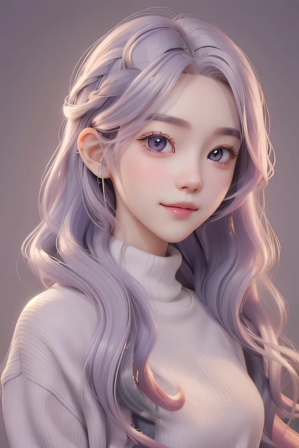 Girl, long light purple hair, gray eyes, sharp features, white skin, pink lips, wavy hairstyle, sweater, brown jacket. Light smile