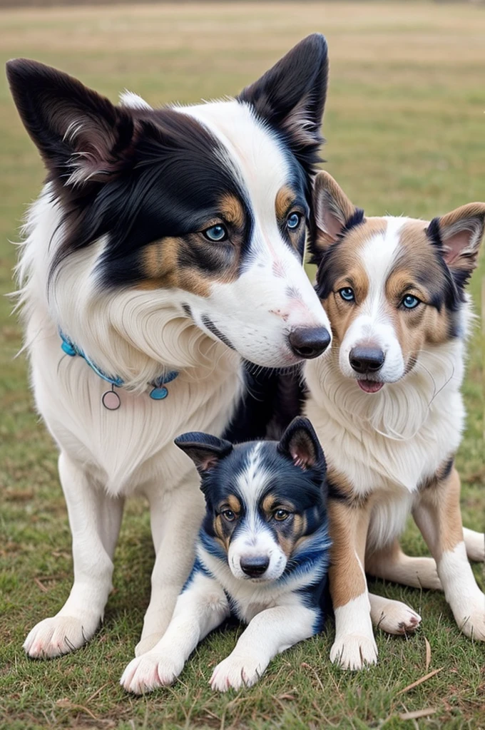 Make a painting of a white border collie with brown spots and blue eyes with a German shepherd together, pastel colors and pretty
