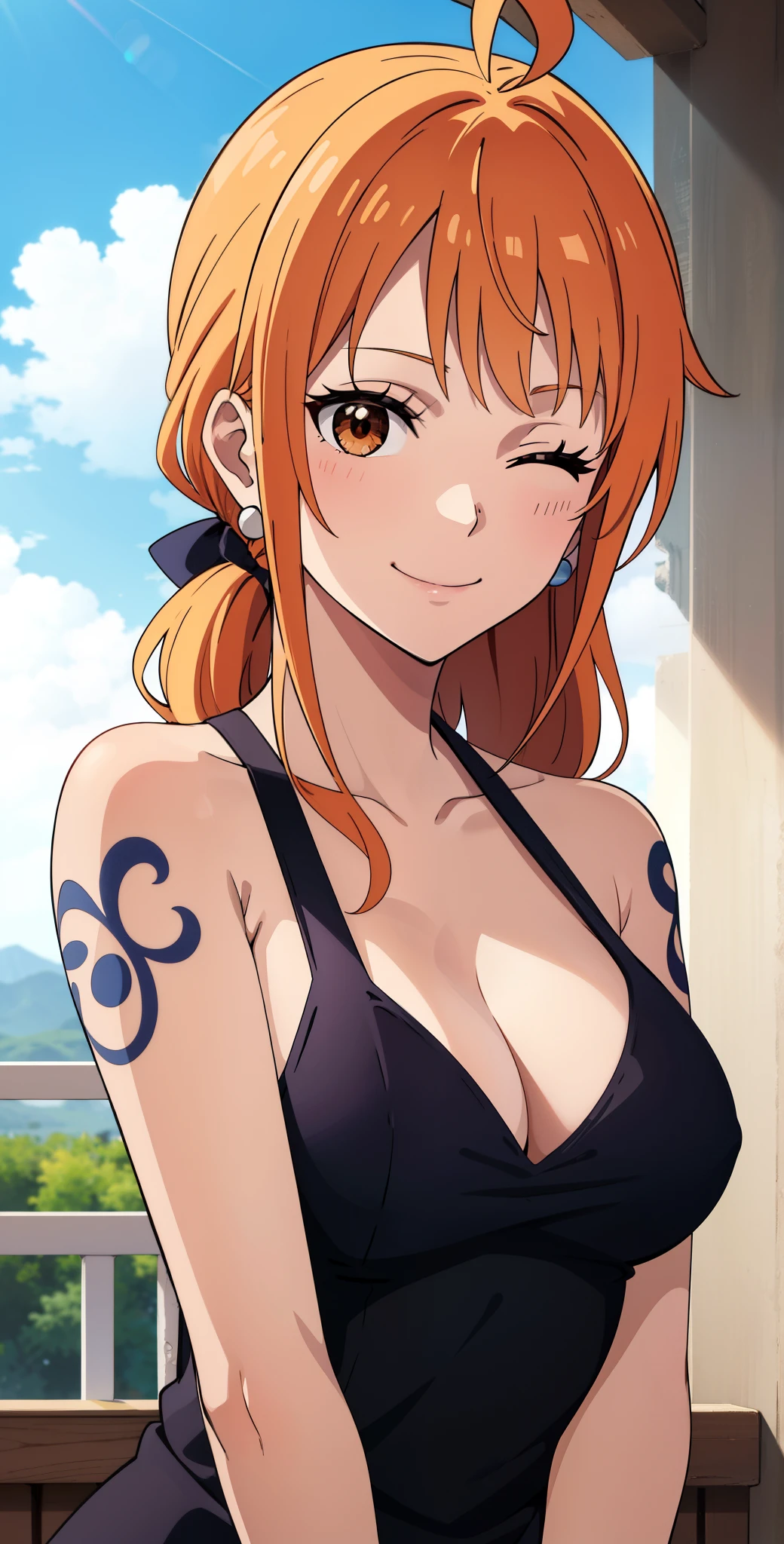 2d, masterpiece, best quality, anime, highly detailed face, highly detailed background, perfect lighting, wano, nami, 1girl, solo, one eye closed, long hair, smile, jewelry, obi, orange hair, earrings, (dominant girl, dominatrix), ahoge, ribbon, hair bow, sky, day, bracelet, sleeveless, ;\), blue bow, outdoors, breasts, cloud, closed mouth, ponytail, blue sky, brown eyes, orange eyes, left shoulder tattoo, bare shoulders, very long hair, sidelocks, bangs, collarbone, upper body, left arm tattoo, bare arms, official alternate costume, blurry, hand gesture, alternate costume, medium breasts, blurry background, large breasts, eyelashes, mountain, parody, cloudy sky, sitting, shiny hair, bangle, wavy hair, 