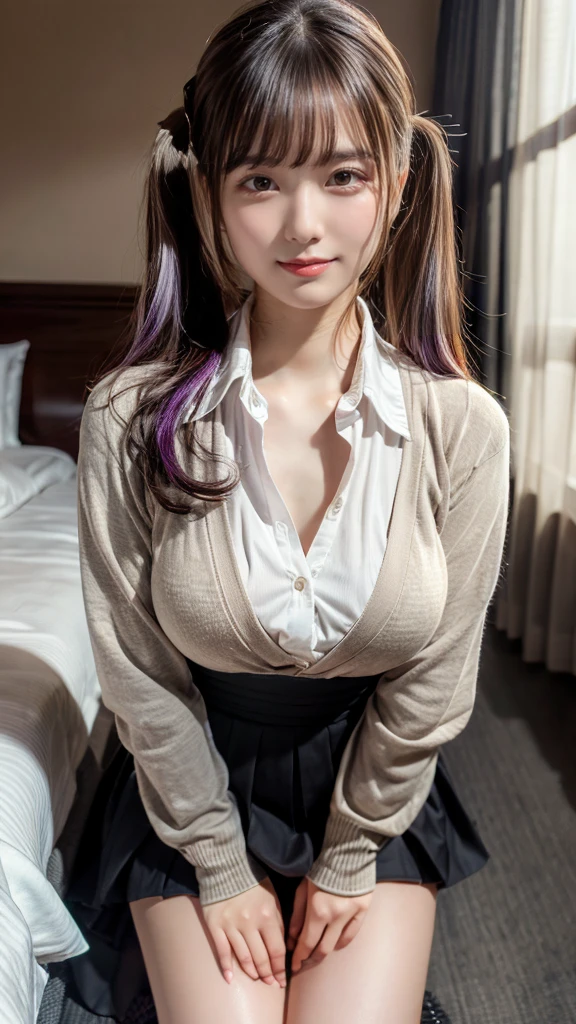 (masterpiece:1.3, top-quality, ultra high res, ultra detailed), (realistic, photorealistic:1.4), beautiful illustration, perfect lighting, natural lighting, colorful, depth of fields, ,
beautiful detailed hair, beautiful detailed face, beautiful detailed eyes, beautiful clavicle, beautiful body, beautiful chest, beautiful thigh, beautiful legs, beautiful fingers, shiny skin,
looking at viewer, 1 girl, high school girl, (perfect anatomy, anatomically correct, super detailed skin), cute and symmetrical face, babyface, perfect face, perfect eyes, slender,
(long hair:1.5, low twintails:1.5, light purple hair), swept bangs, gold eyes, drooping eyes, big eyes, long eye lasher, (medium breasts, seductive thighs), skin dendation,
(detailed cloth texture, long sleeves light brown cardigan:1.2, white collared shirt, light grey pleated skirt), white thigh-high, dark red tie,
hotel room, squatting, (lovely smile, upper eyes, parted lips),