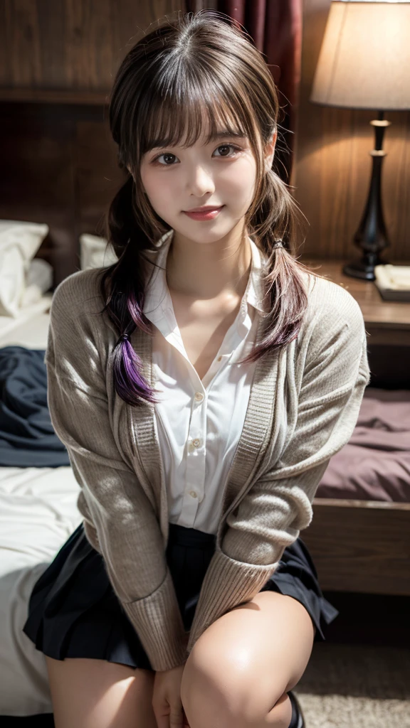 (masterpiece:1.3, top-quality, ultra high res, ultra detailed), (realistic, photorealistic:1.4), beautiful illustration, perfect lighting, natural lighting, colorful, depth of fields, ,
beautiful detailed hair, beautiful detailed face, beautiful detailed eyes, beautiful clavicle, beautiful body, beautiful chest, beautiful thigh, beautiful legs, beautiful fingers, shiny skin,
looking at viewer, 1 girl, high school girl, (perfect anatomy, anatomically correct, super detailed skin), cute and symmetrical face, babyface, perfect face, perfect eyes, slender,
(long hair:1.5, low twintails:1.5, light purple hair), swept bangs, gold eyes, drooping eyes, big eyes, long eye lasher, (medium breasts, seductive thighs), skin dendation,
(detailed cloth texture, long sleeves light brown cardigan:1.2, white collared shirt, light grey pleated skirt), white thigh-high, dark red tie,
hotel room, squatting, (lovely smile, upper eyes, parted lips),