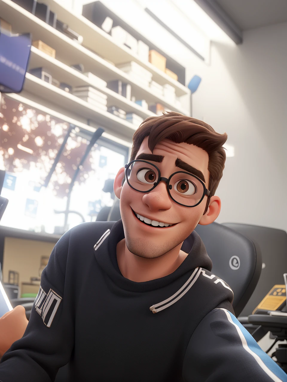 one men, with brown hair cut in a gradient style , Round glasses , Black Costume, smiling, short black hair, in cell phone technical assistance, sitting on a gaming chair , highly real, ultra HD, Bright dark, super verbose