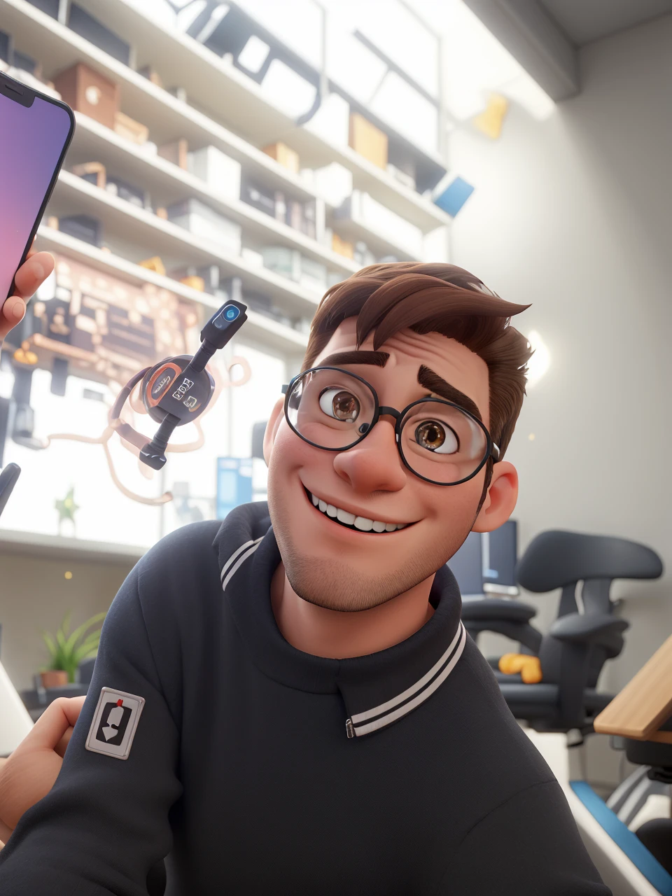 one men, with brown hair cut in a gradient style , Round glasses , Black Costume, smiling, short black hair, in cell phone technical assistance, sitting on a gaming chair , highly real, ultra HD, Bright dark, super verbose