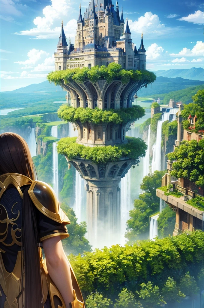 Huge castles and skyscrapers floating in the sky、cyber punk、Otherworldly fantasy、Highest quality、Ultra high definition、Utopia 8K、Huge waterfall、Nature
