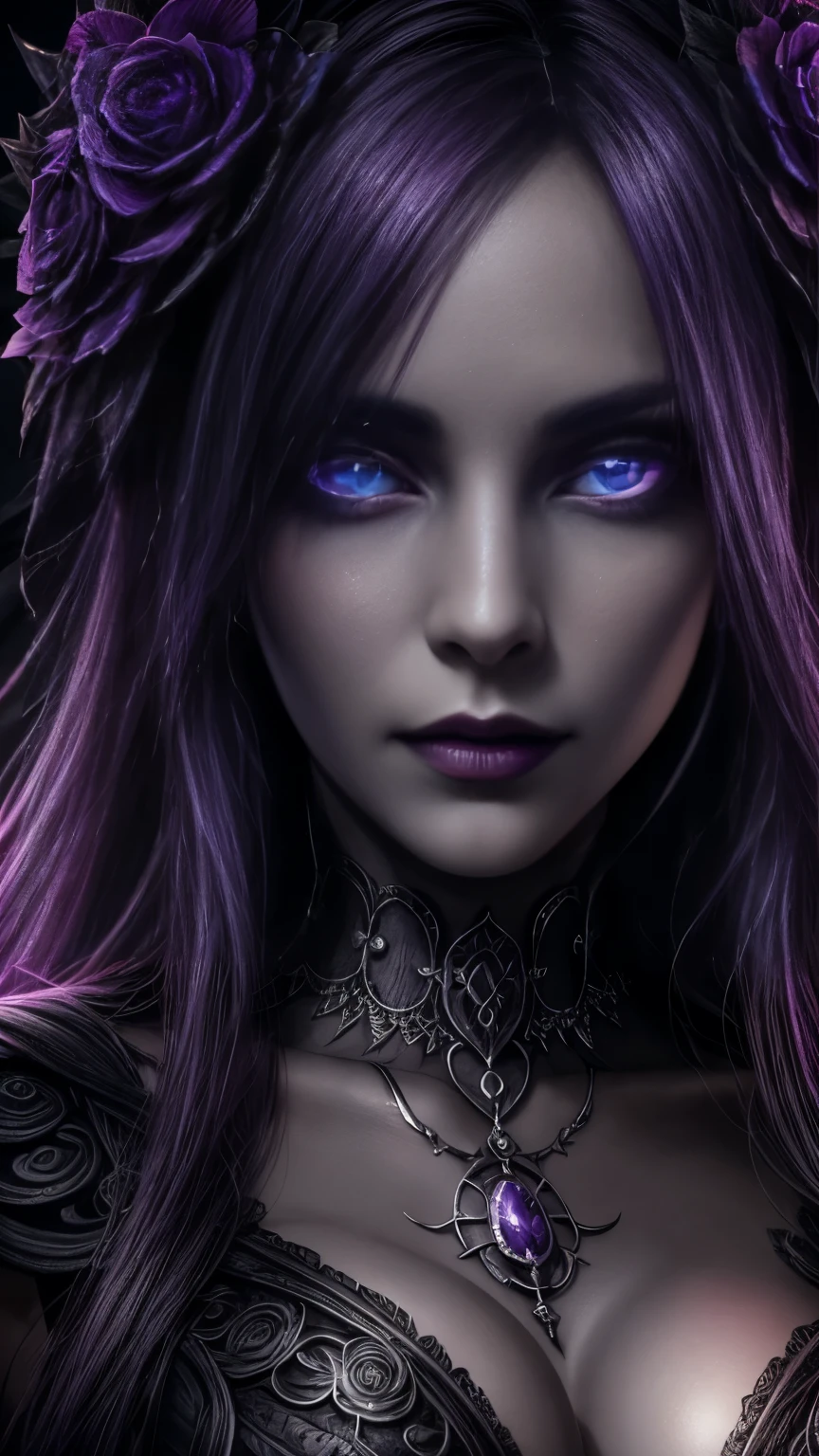 Highly detailed 8K wallpapers, Medium shot photo of a necromancer with shadows, Complex, High Detail, dramatic, Gothic, skull, Bright Eyes, Deep lilac, Holding a skull head with bright eyes Deep lilac, Pret vegetal.