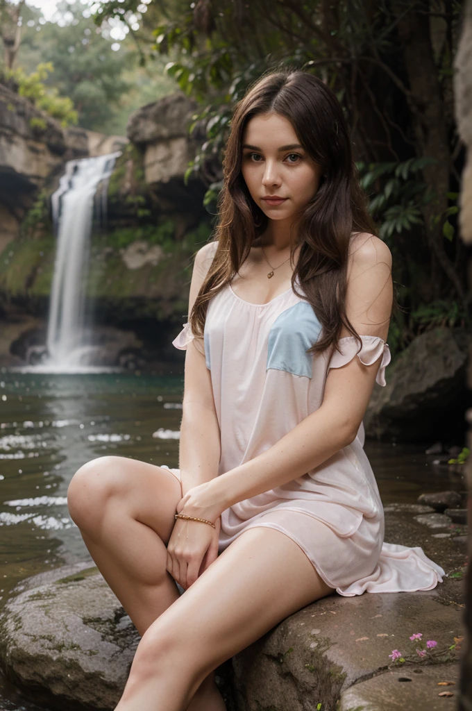 1girl in, 30 years old, Square face, Long hair, Looking at viewer, jewelry, Reality, Sexy, Nightgown colorful outfit, Waterfall backdrop , sitting position