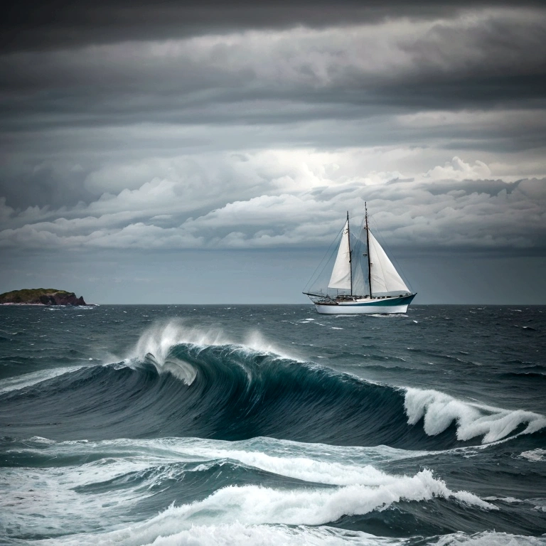 Capture the serenity and power of the sea in a painting. Show the dynamic waves crashing against weathered rocks under a moody sky. Let the play of light and shadow on the water surface evoke a sense of depth and movement. Include a solitary sailboat on the horizon, a symbol of adventure amidst the vastness of the ocean. Use a palette of cool blues, greens, and grays to convey the ever-changing mood of the sea.