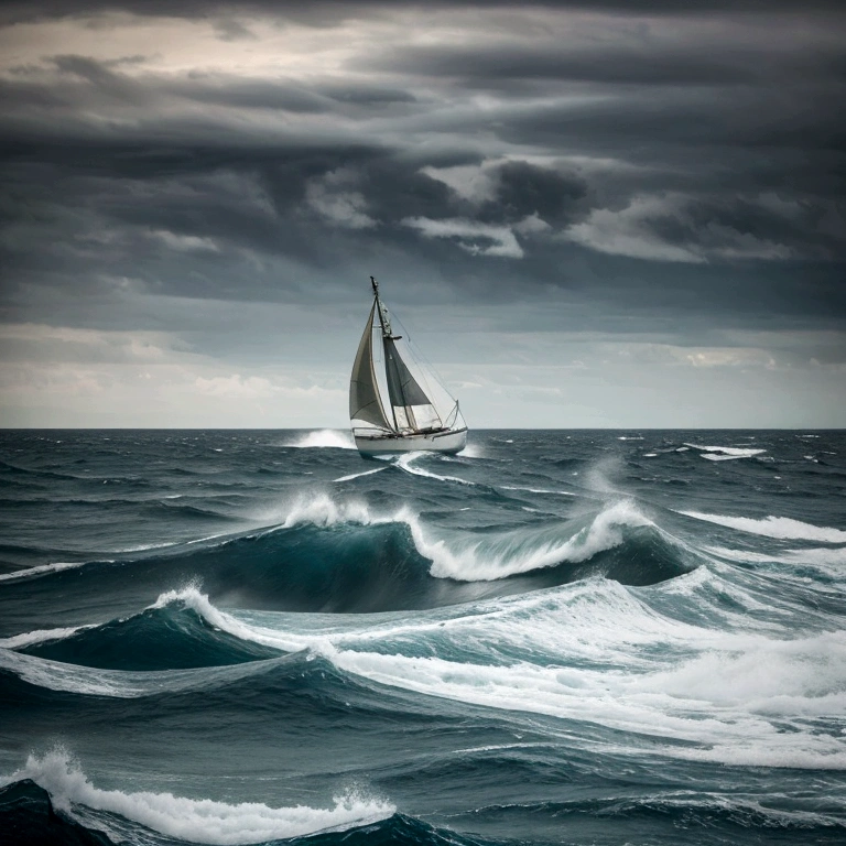 Capture the serenity and power of the sea in a painting. Show the dynamic waves crashing against weathered rocks under a moody sky. Let the play of light and shadow on the water surface evoke a sense of depth and movement. Include a solitary sailboat on the horizon, a symbol of adventure amidst the vastness of the ocean. Use a palette of cool blues, greens, and grays to convey the ever-changing mood of the sea.